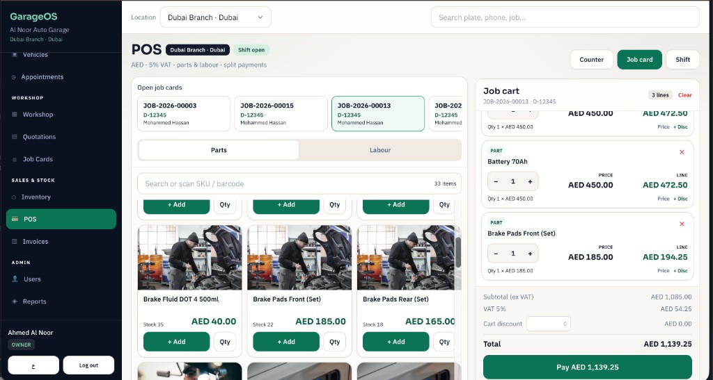 GarageFlow POS POS — parts, job cart, AED totals and pay